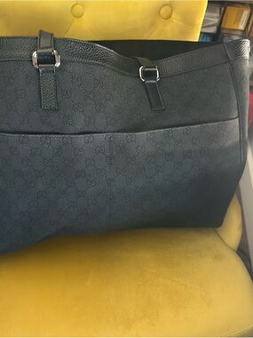 Gucci Black Denim Style GG Logo Tote with Textured Leather Trim